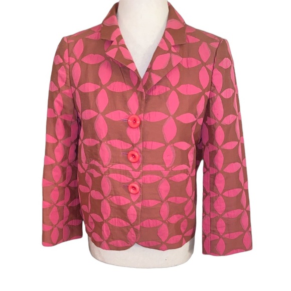 RARE J. Crew Coral Pink Geometric Floral Woven Cropped Blazer - 6